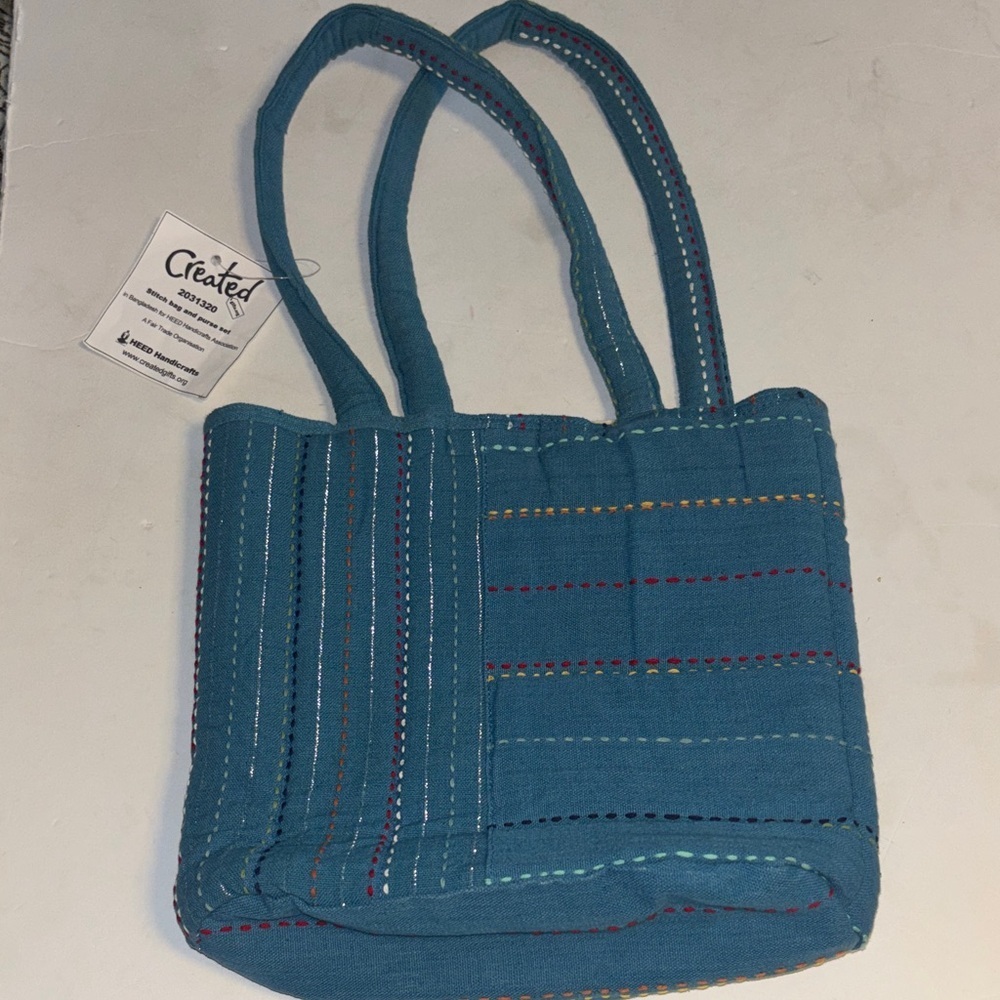 BLUE QUILTED TOTE BAG WITH MATCHING COIN PURSE LIGHT DENIM MATERIAL NWTS
